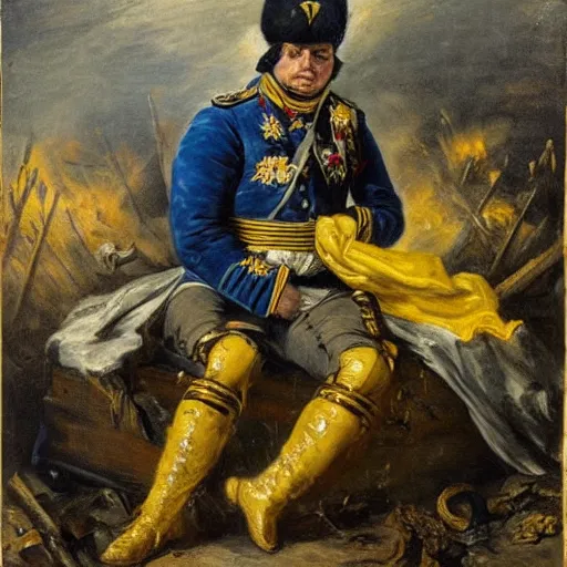 Image similar to Volodymyr Zelensky at war, dressed like Napoleon Bonaparte, sitting on the ground between dead corpses and weeping, holding a half burnt blue and yellow flag of Ukraine, in the style of Peter Paul Rubens