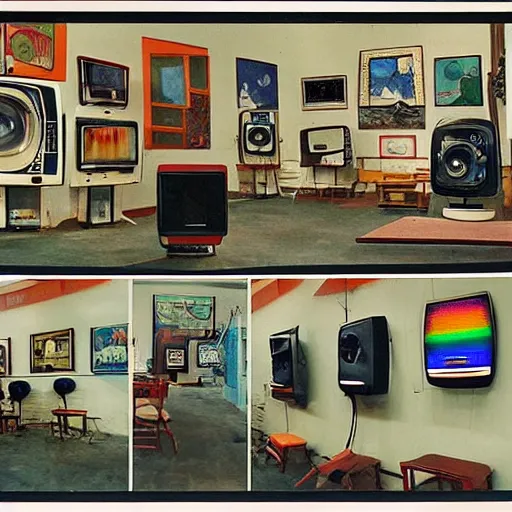 Image similar to array of crt televisions, tv static, antenna, stacked, polaroid, steroids, adult video store, van gogh