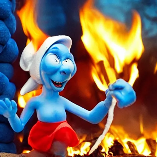 Prompt: Evil Smurfette burning down the Smurfs' village