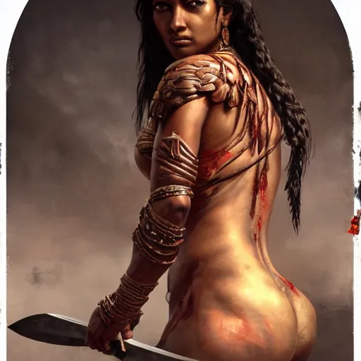 Image similar to painting of dark muscular oiled indian woman back, bloody, carrying a sword, ultra realistic, concept art, intricate details, eerie, highly detailed, photorealistic, octane render, 8 k, unreal engine. art by artgerm and greg rutkowski and alphonse mucha