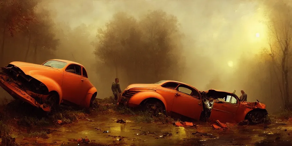 Image similar to a crashed car on a mountain road in 1 9 4 0 with red light on, sunny day, a men stand up next to the car, mystical orange fog, oil on canvas, art by andreas achenbach, clemens ascher, tom bagshaw and sabbas apterus,