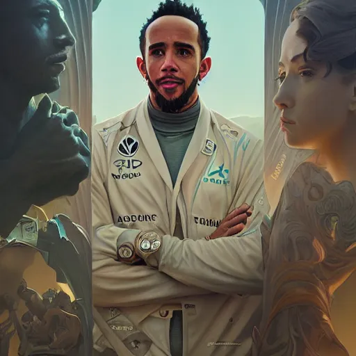 Prompt: highly detailed vfx portrait of lewis hamilton, stephen bliss, greg rutkowski, loish, rhads, beeple, makoto shinkai, tom bagshaw, alphonse mucha, sharp focus, art by artgerm and greg rutkowski, stanley kubrick, backlit, harsh overhead sunlight,