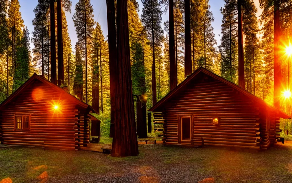Prompt: enchanted magical quiet log cabin in the california redwoods forest at goldenhour sunset, 8 k photoengine realrender, cinematic scenery