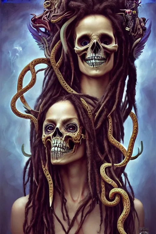 Image similar to evil angels that look like hippies with dreadlocks dancing with snakes, fantasy, face with skull mask, long hair, intricate, elegant, highly detailed, digital painting, artstation, concept art, smooth, sharp focus, illustration, art by artgerm and greg rutkowski and aleister crowley