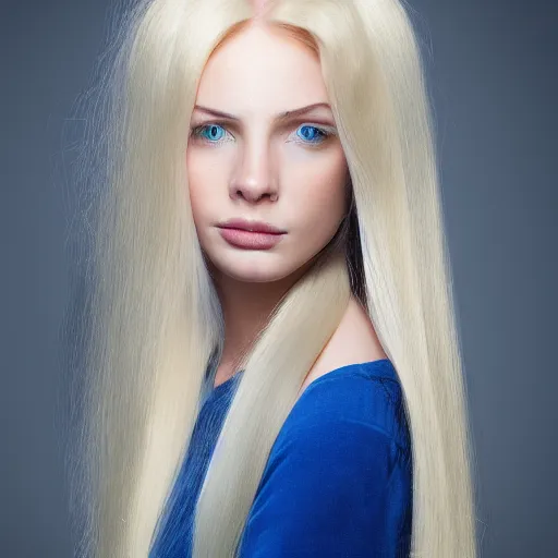 Prompt: a beautiful portrait of a woman with long blue Golden hair, studio camera setup, ultra realistic photo