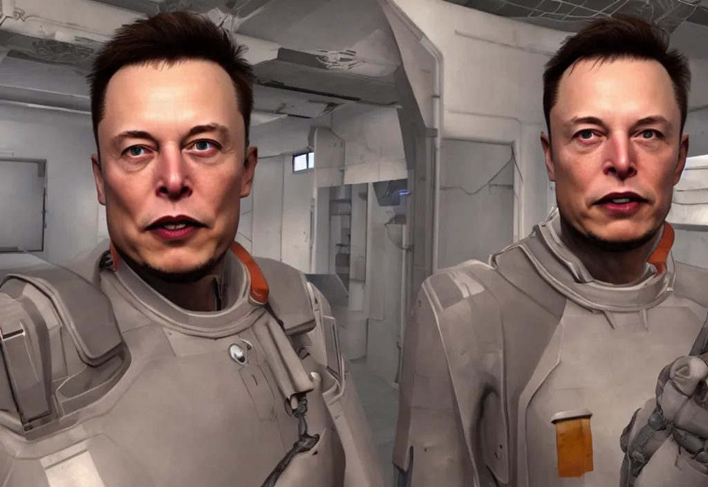 Image similar to elon musk in half life, elon musk in the video game half life, gameplay screenshot, close up, 3 d rendering. unreal engine. amazing likeness. very detailed.