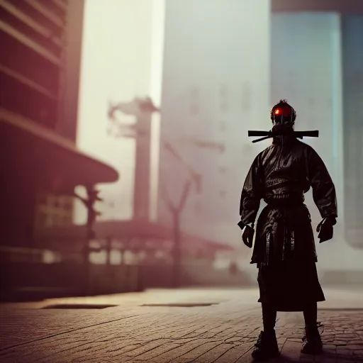 Prompt: cyberpunk samurai in a dytopian future, ultra realistic, fog, raytracing, reflections, rain, octane render