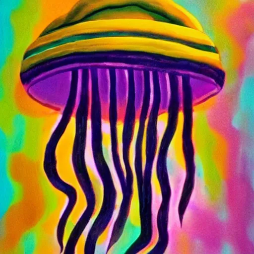 Image similar to jellyfish wearing a sombrero, expressionism, disco lighting