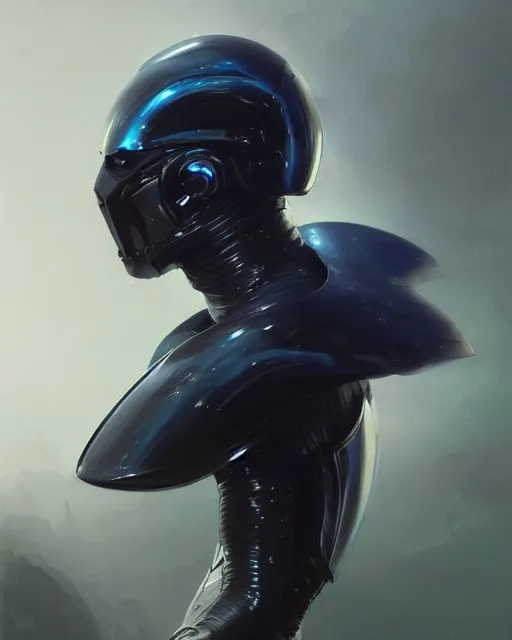 Image similar to character art of iridescent sinewy smooth muscular male sleek glossy indigo black pearlescent scifi armor with smooth black featureless helmet, by greg rutkowski, mark brookes, jim burns, tom bagshaw, magali villeneuve, trending on artstation