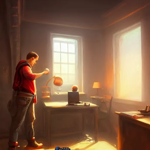 Prompt: a man and a room in a scorching hot room with two computers, inferno, d & d, fantasy digital painting, trending on artstation, concept art, sharp focus, illustration, global illumination, ray tracing, realistic shaded, art by artgerm and greg rutkowski and fuji choko and viktoria gavrilenko and hoang lap