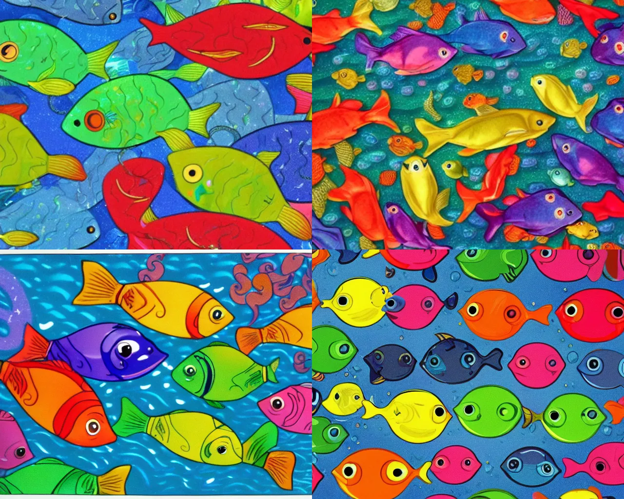 Prompt: rainbow-colored shiny fishes, fishes with friendly faces, fishes are swimming in the ocean