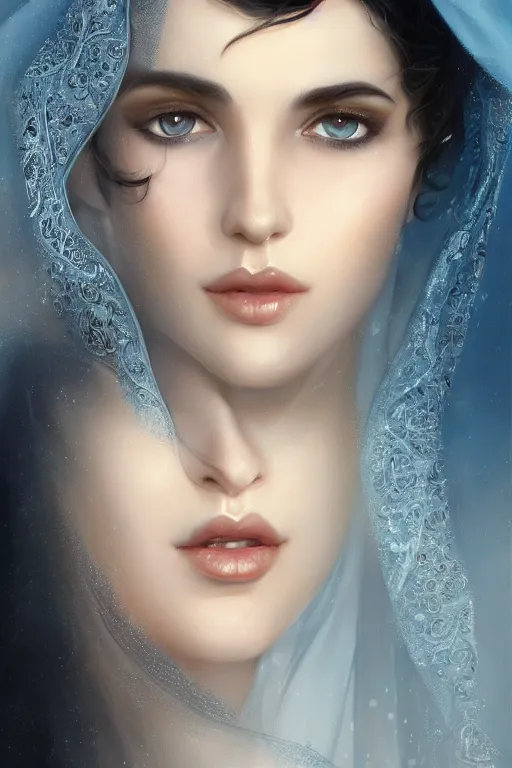 Image similar to modern arab Ameera al-Taweel, bright blue eyes, wavy black hair, white veil, closeup, focus face, elegant, highly detailed, centered, oil painting, artstation, concept art by tom bagshaw