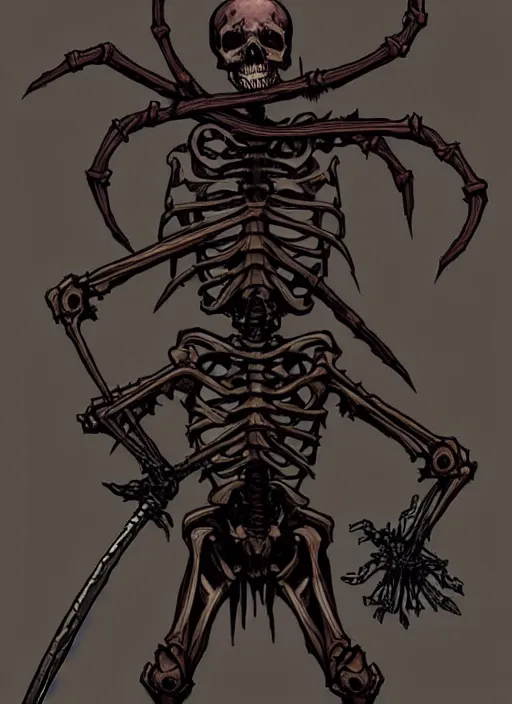 Image similar to concept art of a fragile twisted skeleton warrior with no armor in darkest dungeon, highly detailed, dark atmosphere, cosmic horror, body horror, lovecraft mythos, key character poster