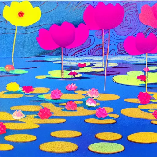 Prompt: intuitive tonalism by alice rahon, by romero britto. a peaceful installation art that shows a pond with water lilies floating on the surface. the colors are soft & calming, & the overall effect is one of serenity & relaxation.