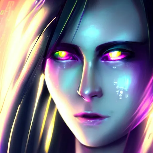 Prompt: Beautiful Cyberpunk girl face violet glowing tears , closeup shot, 4k, artstation, artstationHD, digital anime art, pixiv —H 4096 —W 4096