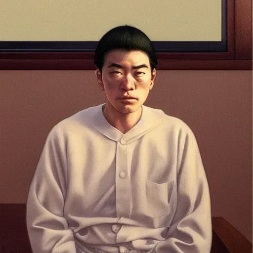 Image similar to a realistic portrait of a man staring at the camera with dramatic lighting, by kawase hasui, moebius, edward hopper, muted flat surreal design, hd, 8 k, artstation