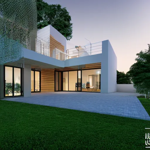 Image similar to render of a beautiful modern home designed for cozy aesthetics!, curvy natural contours, energy efficiency and maximizing plants and greenery, cg render, golden light, high resolution, professional