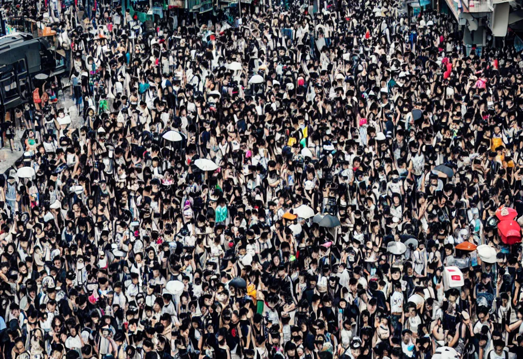 Image similar to fashion editorial in hong kong riot. wide angle shot. highly detailed.