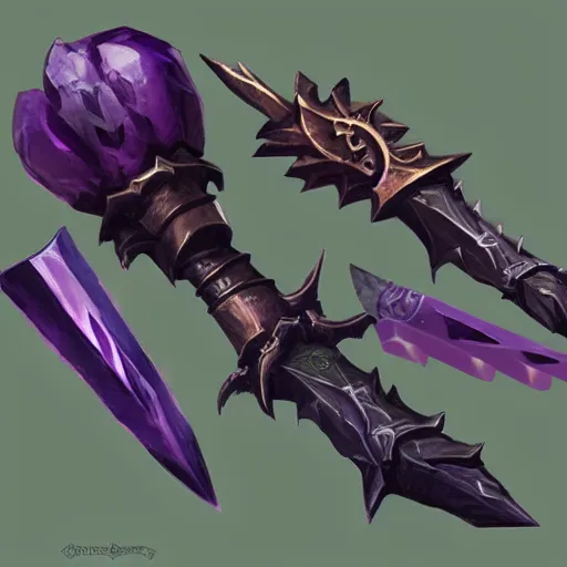 Prompt: violet daggers, dark daggers, poisonous daggers, hearthstone weapon art, by greg rutkowski