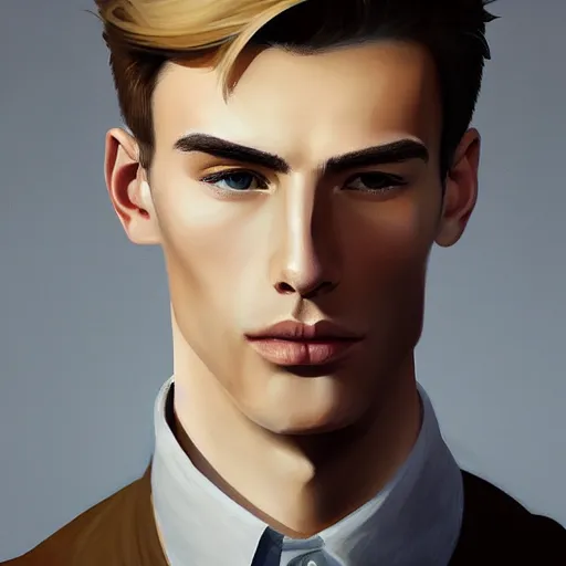 Image similar to tall man in his twenties with brown blond short quiff hair and thin slightly round facial structure with cleft chin, straight eyebrows and prominent nose, good definition of cheekbones, big hazel nut brown eyes, narrow face, slim body, atmospheric lighting, painted, intricate, 4 k, highly detailed by charlie bowater