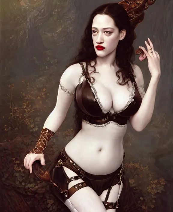 Prompt: a detailed hyperrealistic renaissance demon kat dennings wearing an a intricate beautiful thick leather garters set, honey birdette, realistic renaissance portrait, highly detailed, digital painting, artstation, concept art, smooth, sharp focus, cinematic lighting, art by artgerm and wlop and jules joseph lefebvre and john maler collier, ilya kuvshinov