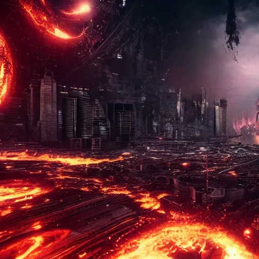 Image similar to a black hole is destroying a gothic cyberpunk City, catastrophic, fire and explosions, the feeling of dread, photorealistic, octane render, unreal engine