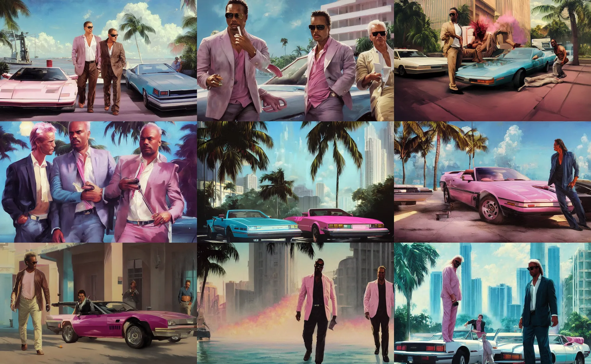 Image similar to an oil painting of crockett and tubbs, miami vice, ultra realistic, highly detailed, brushstrokes, masterpiece, cinematic by frank frazetta, greg rutkowski, beeple, yoko taro, christian macnevin, beeple, wlop, krenz cushart, epic fantasy character art, volumetric lighting, cgsociety, pink and teal