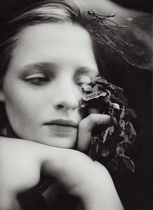 Prompt: dreamy close up portrait of a young women, photo realistic, elegant, award winning photograph, parallax, cinematic lighting, ambrotype wet plate collodion by martin shuller, richard avedon dorothe lange and and shane balkowitsch