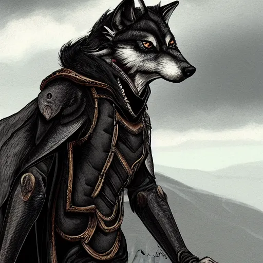 Image similar to an anthropomorphic wolf in a black doublet looking out over the hills, artstation hq, stylized, sharp focus, concept art, furaffinity fursona, furry, anthropomorphic, digital art by ayami kojima