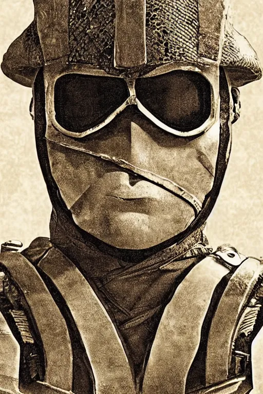 Prompt: snake eyes from g. i. joe, portrait, full body, symmetrical features, silver iodide, 1 8 8 0 photograph, sepia tone, aged paper, sergio leone, master prime lenses, cinematic