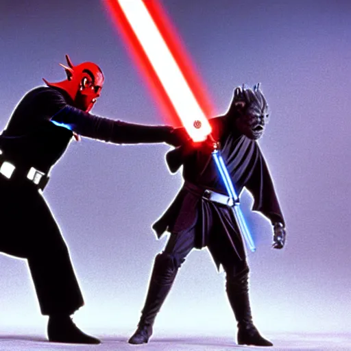 Image similar to a film still of Alec guiness as obiwan kenobi dueling darth maul in star wars 1977. medium shot. light sabers