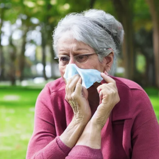 Image similar to an older woman sitting in a park wearing a small oxygen cannula under her nose, 4 k,