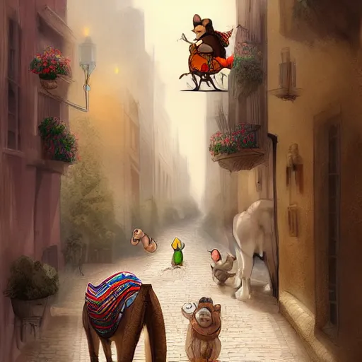 Image similar to A cute mouse riding a camel through a narrow street London, digital art, trending on Artstation