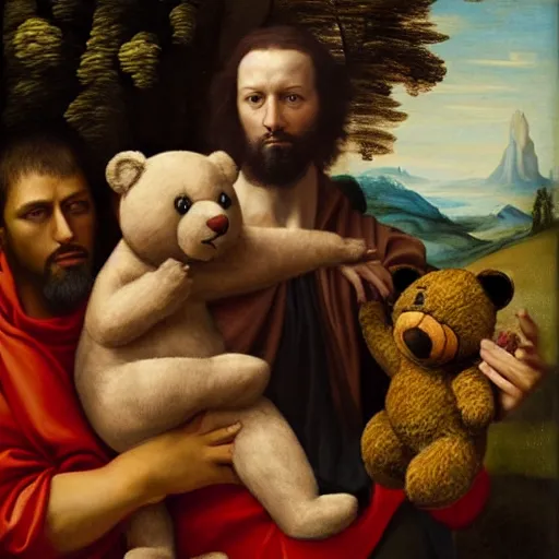 Image similar to A renaissance painting of Kanye West with a anthropomorphic Teddy Bear mascot, painting,