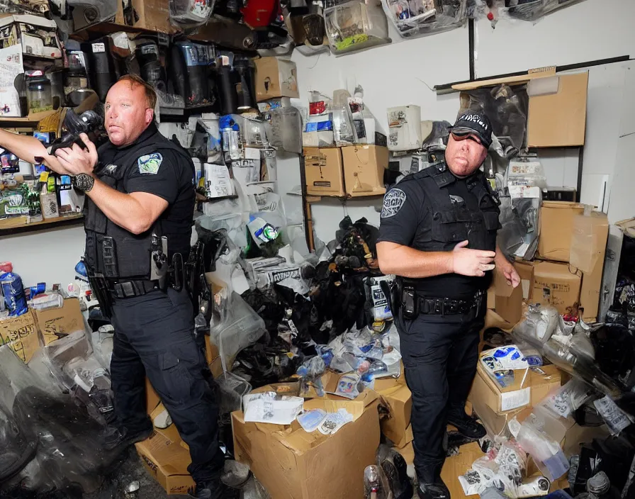 Image similar to Alex Jones in his garage office INFOWARS studio Alex Jones fighting SWAT police, surrounded by boxes of herbal supplements and trash, a group of SWAT police, tear gas and smoke, detailed photograph high quality