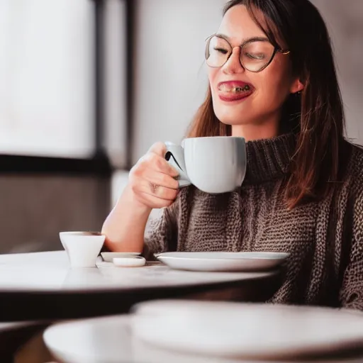 Prompt: photo of a woman sitting at a table with a small mouth coming out of her mouth and sipping coffee