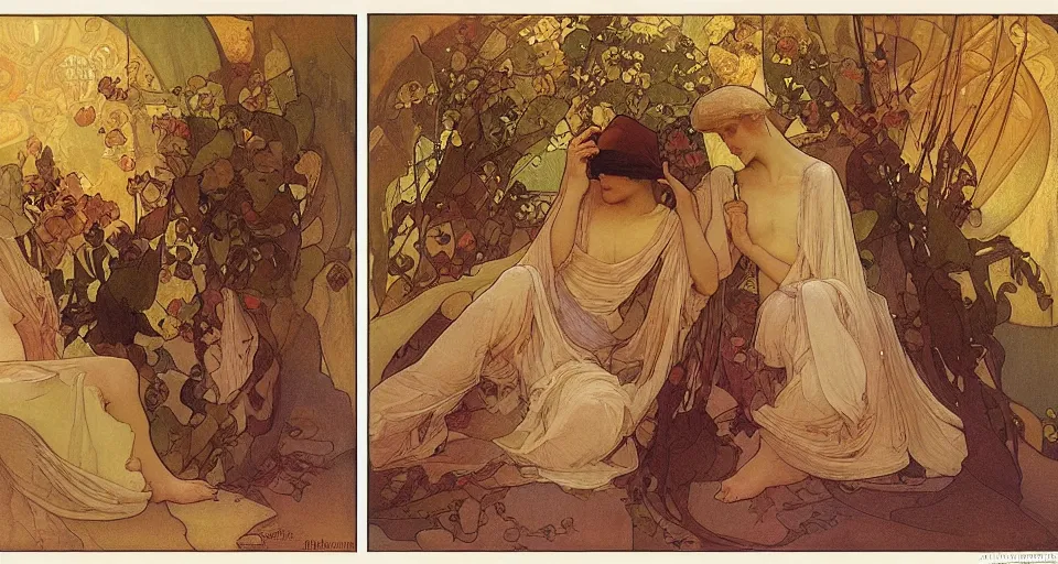 Prompt: the two complementary forces that make up all aspects and phenomena of life, by Alfons Maria Mucha