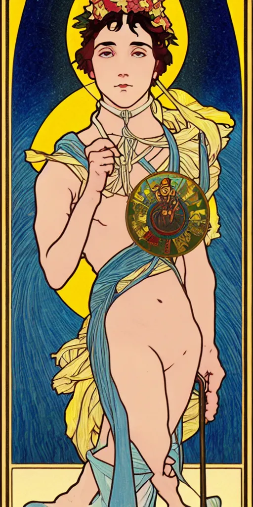 Image similar to the fool, ryder tarot card with an art deco boarder, high quality, digital painting, by studio ghibli and tammara de lempika and alphonse mucha, artgerm