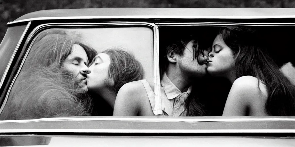 Image similar to 1 9 7 0 s car window closeup, young man and woman kissing in the back seat, coloured film photography, elliott erwitt photography