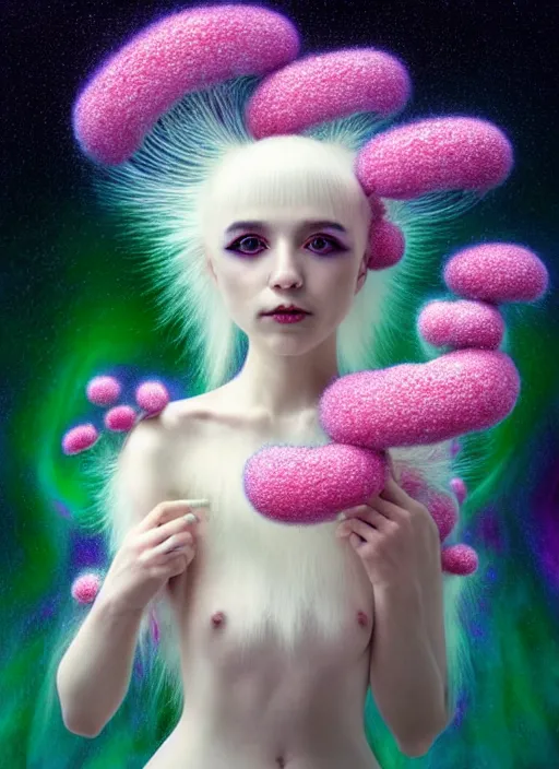 Image similar to hyper detailed 3d render like a Oil painting - kawaii portrait Aurora (white haired Singer Ferret) seen Eating of the Strangling network of yellowcake aerochrome and milky Fruit and Her delicate Hands hold of gossamer polyp blossoms bring iridescent fungal flowers whose spores black the foolish stars by Jacek Yerka, Mariusz Lewandowski, Houdini algorithmic generative render, Abstract brush strokes, Masterpiece, Edward Hopper and James Gilleard, Zdzislaw Beksinski, Mark Ryden, Wolfgang Lettl, hints of Yayoi Kasuma, octane render, 8k