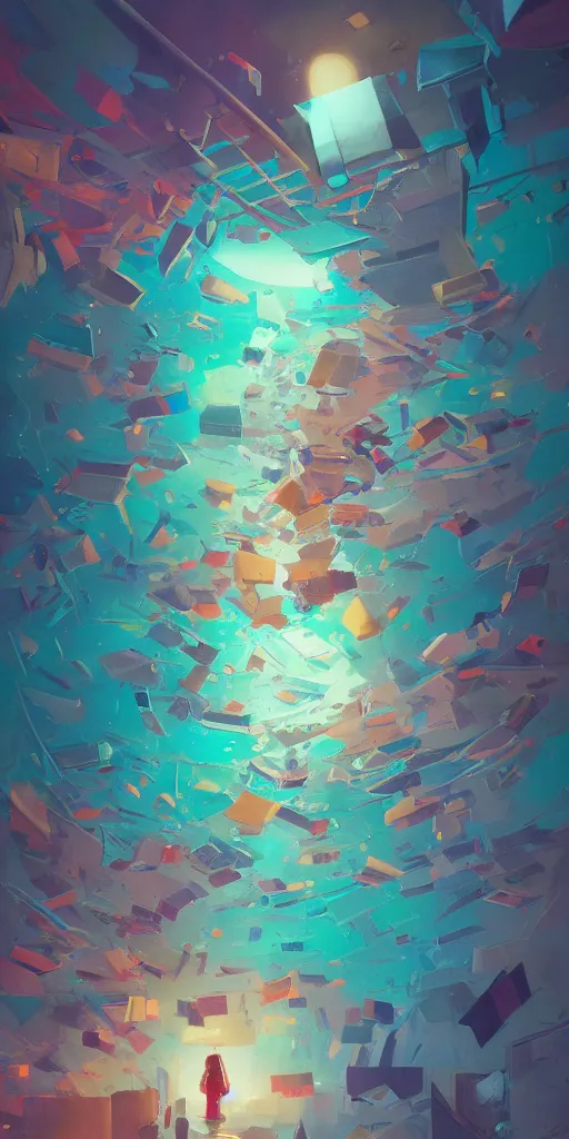 Prompt: highly detailed happy abstract geometric painting, stephen bliss, unreal engine, greg rutkowski, loish, rhads, beeple, makoto shinkai and lois van baarle, ilya kuvshinov, rossdraws, tom bagshaw, global illumination, detailed and intricate environment