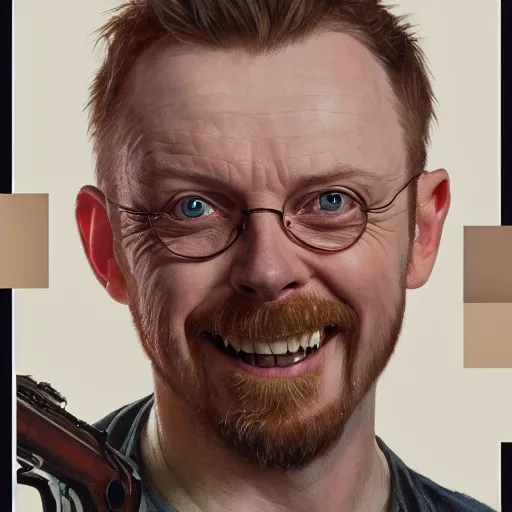 Image similar to portrait painting of simon pegg smiling like a winner with a winchester, ultra realistic, concept art, intricate details, eerie, highly detailed, photorealistic, octane render, 8 k, unreal engine. art by artgerm and greg rutkowski and alphonse mucha