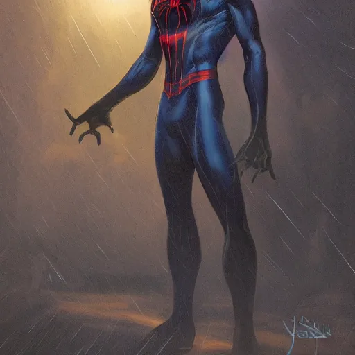 Image similar to evil spiderman concept, natural lighting, night, raining, gerald brom