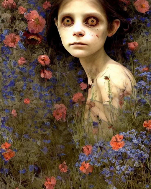 Prompt: a beautiful but sinister and creepy young goblin in layers of fear, with haunted eyes, violence in her eyes, 1 9 7 0 s, seventies, delicate embellishments, a little blood, woodland, blue dawn light shining on wildflowers, painterly, offset printing technique, by alexandre cabanel