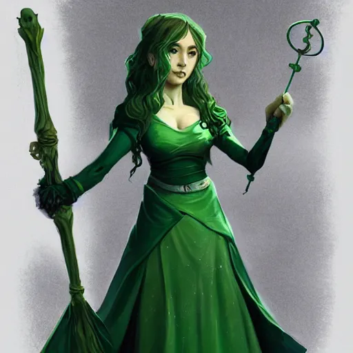 Image similar to a woman in a green dress standing holding a magic staff, a character portrait by Magali Villeneuve, featured on polycount, fantasy art, concept art, d&d, 2d game art