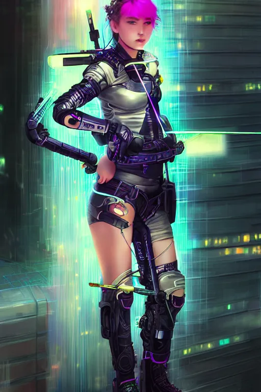 Image similar to portrait futuristic adorable cyberpunk young female archer, in futuristic stormy thunder light tokyo rooftop cyberpunk night, ssci-fi, fantasy, intricate, very very beautiful, elegant, neon light, highly detailed, digital painting, artstation, concept art, soft light, hdri, smooth, sharp focus, illustration, art by tian zi and craig mullins and WLOP and alphonse mucha