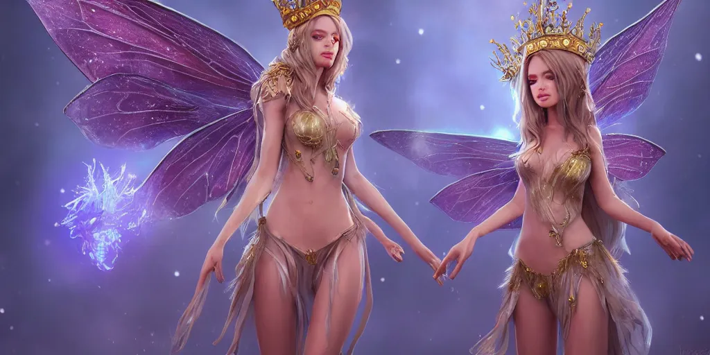 Image similar to fairy girl emperorit is decorated with long robes that fall like stars and wears a huge crown. fantasy art, photo realistic, dynamic lighting, artstation, poster, volumetric lighting, very detailed faces, 4 k, award winning, blender