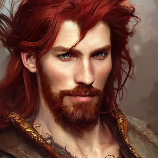 Prompt: portrait of a young ruggedly handsome but joyus pirate, male, masculine, upper body, red hair, very long hair, d & d, fantasy, intricate, elegant, highly detailed, digital painting, artstation, concept art, matte, sharp focus, illustration, art by artgerm and greg rutkowski and alphonse mucha