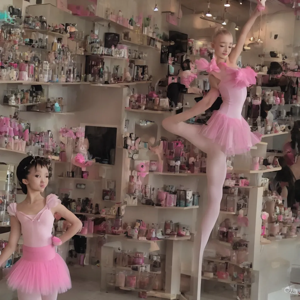 Prompt: a cute anime ballerina in a boba shop