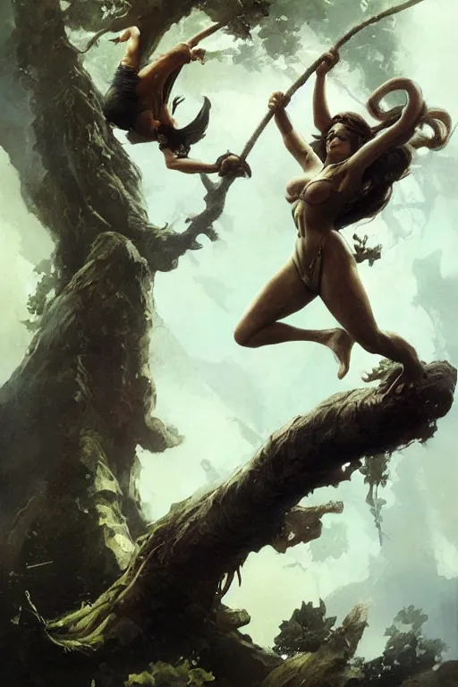 Image similar to Jane swinging from a tree , by Frank Frazetta, Greg Rutkowski, Boris Vallejo, epic fantasy character art, Exquisite detail, post-processing, low angle, masterpiece, cinematic